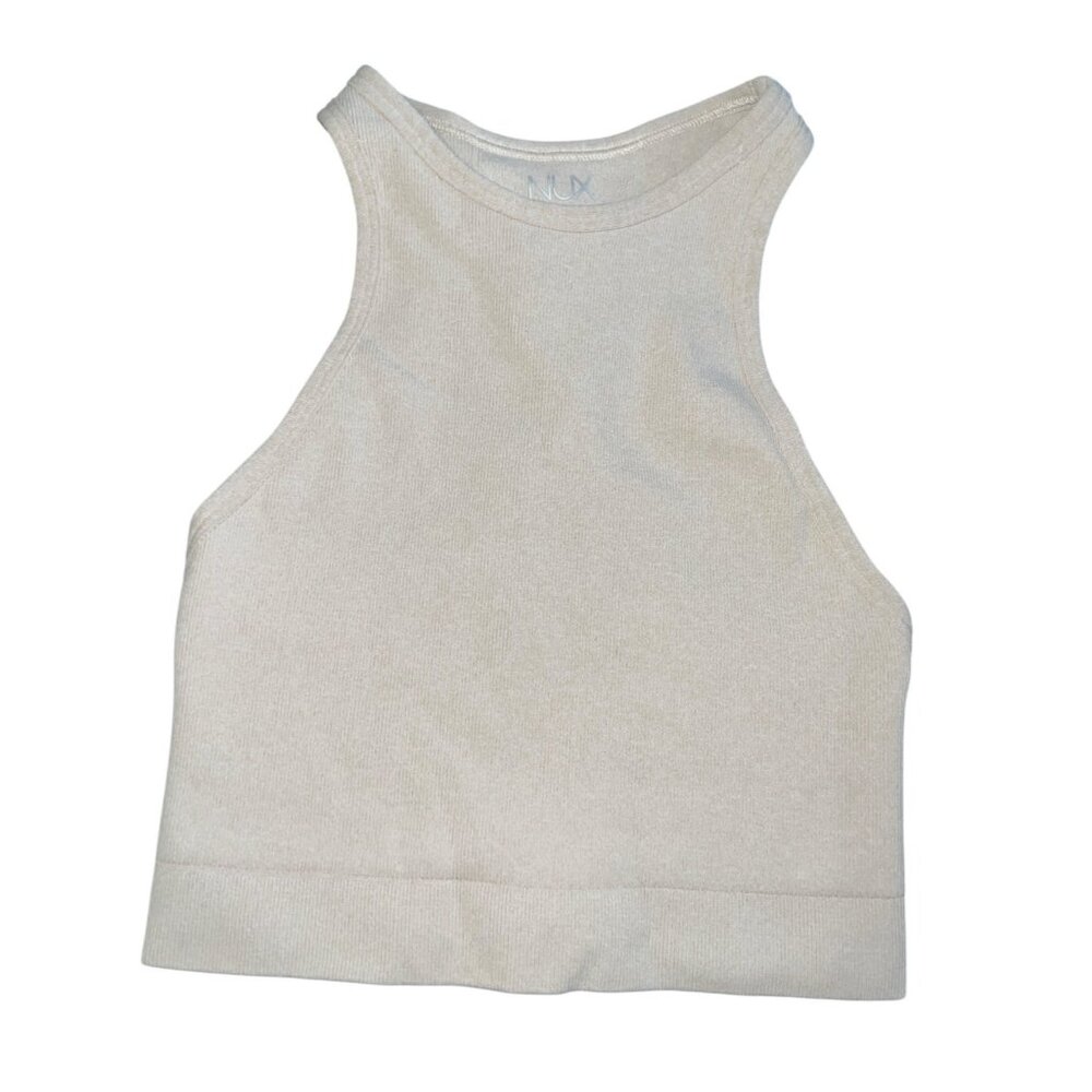 Nux High Neck Ribbed Racerback Crop Sports Bra Tank Top Sz Small Womens Beige